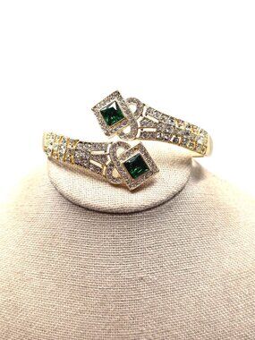 Gold-Tone Emerald & CZ Stone Adjustable Bracelet With Art Deco-Inspired Design